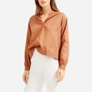 Everlane The Silky Cotton Split-Neck Top Blouse Popover Brown Autumnal Size 12